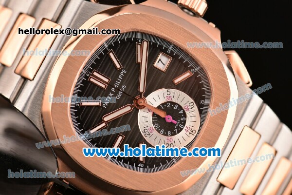 Patek Philippe Nautilus Chrono Swiss Valjoux 7750 Automatic Two Tone with Black Dial an Whtie Stick Markers 1:1 Original (BP) - Click Image to Close